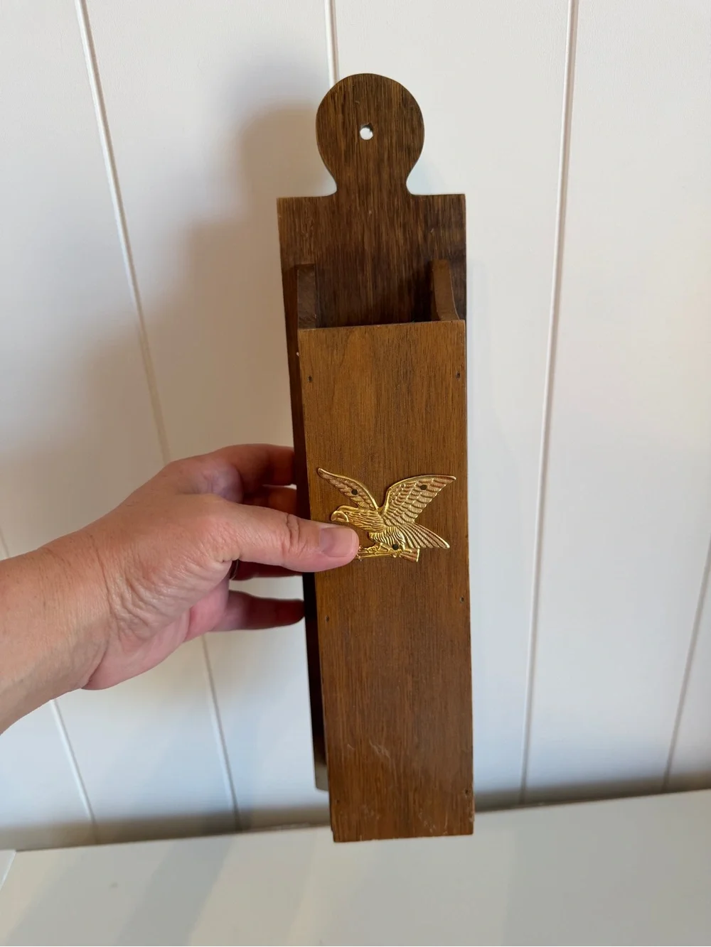 Vintage Wooden Wall-Mounted Match Holder with Brass American Eagle
